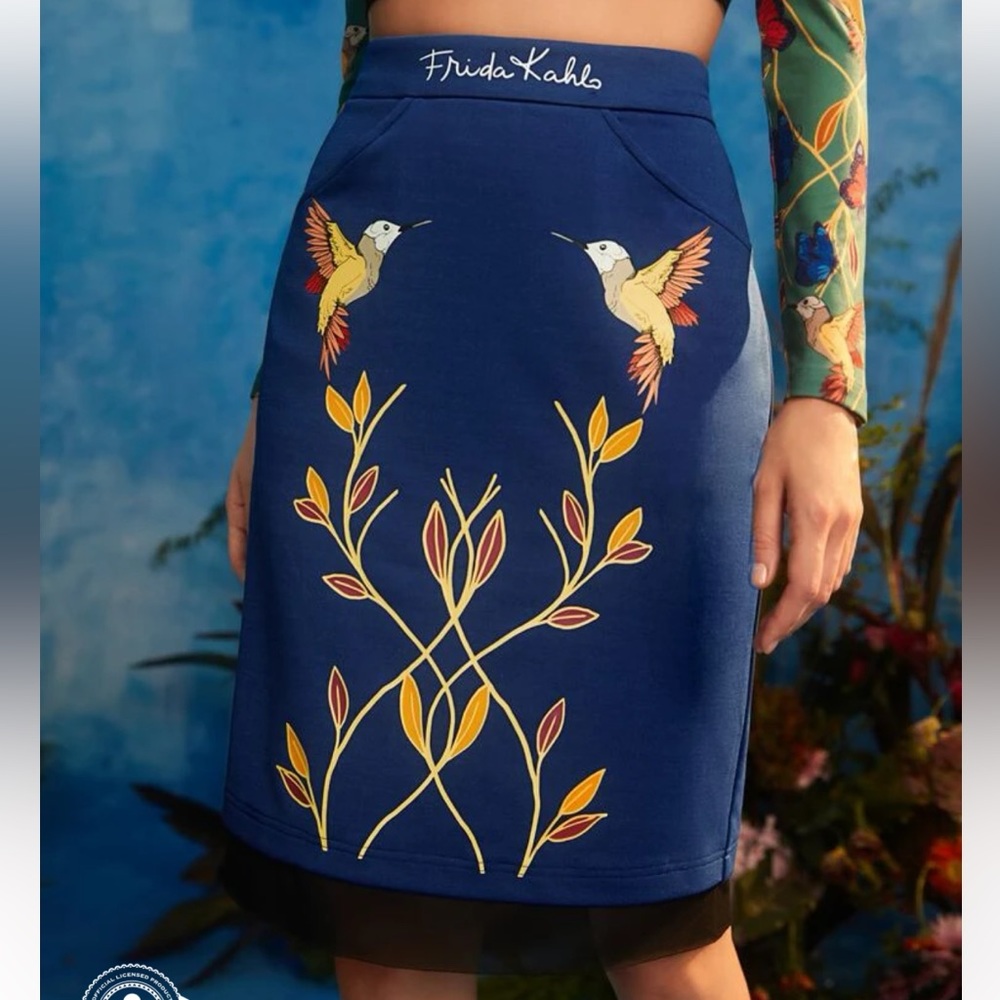 Frida Kahlo X SHEIN X Designer Botanical and Bird Print Mesh Hem Pencil Skirt